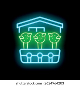 Neon glowing icon of plants growing inside a greenhouse, representing indoor farming and sustainability