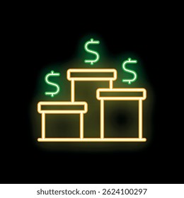 Neon glowing icon of a podium with dollar signs over each level, representing financial success