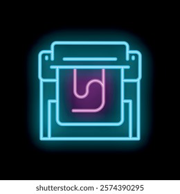 Neon glowing icon of a printing machine, perfect for signage or designs related to printing services