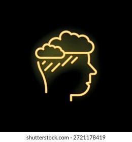Icono de neón brillante de nubes que llueven dentro de una cabeza humana que representa pensamientos y sentimientos