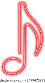 Neon glowing icon of red musical note. Vector illustration of music note consisting of neon outlines. Music concept illustration for logo, poster, flyer or banner design.