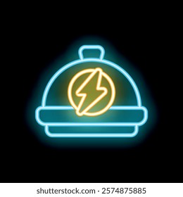 Neon glowing icon of a restaurant cloche with a lightning symbol inside, representing fast food delivery service