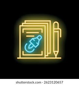 Neon glowing icon of a rocket taking off from documents with pen representing a new business plan