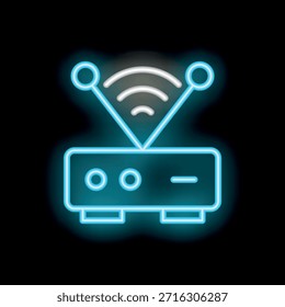 Ícone de néon luminoso de um roteador transmitindo um sinal de wifi sobre um fundo preto