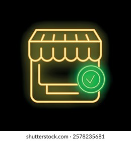 Neon glowing icon of a shop with a check mark on a black background