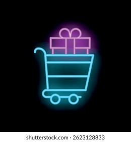 Neon glowing icon of a shopping cart carrying a gift on a black background