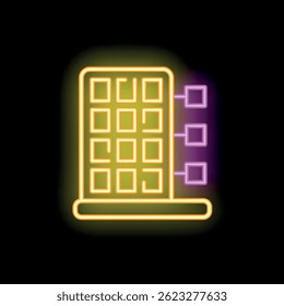 Neon glowing icon of a smart building management system analyzing data in real time