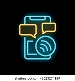 Neon glowing icon of a smartphone sending and receiving wireless data with speech bubbles