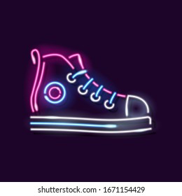 Neon glowing icon of sport sneaker isolated on dark background. Sport, girly, fashion; shoe concept. Vector 10 EPS illustration.