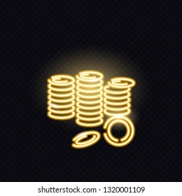Neon glowing icon of stack of golden coins isolated on dark background. Money, wealth or good luck concept in night signboard style. Vector 10 EPS illustration.