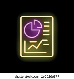Neon glowing icon of statistics report with growing chart and round diagram on dark background