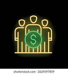 Neon glowing icon of a team of business people standing and a dollar currency symbol