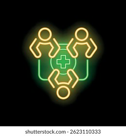 Neon glowing icon of three medical professionals working together around a first aid kit