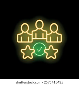 Neon glowing icon of three people getting positive feedback, with stars and a check mark