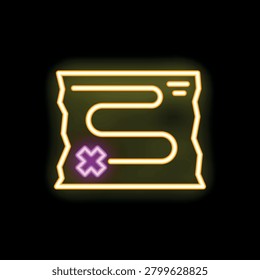 Neon glowing icon of a treasure map showing the location with a cross mark