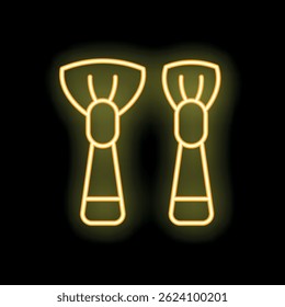 Neon glowing icon of two professional makeup brushes with bright yellow light effect on dark background