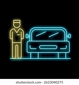 Neon glowing icon of valet parking attendant wearing uniform standing near car on black background