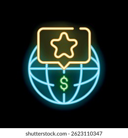 Neon glowing icon of a world globe with a star hovering over it, representing global reputation management