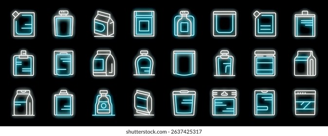 Neon glowing icons representing doypacks and sachets, showcasing flexible packaging solutions for diverse products