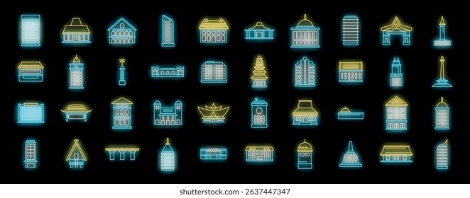 Neon glowing icons representing famous buildings and landmarks of jakarta, indonesia, creating a vibrant skyline