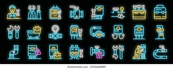 Neon glowing icons representing plumbing services, featuring tools, pipes, boilers, and a plumber at work