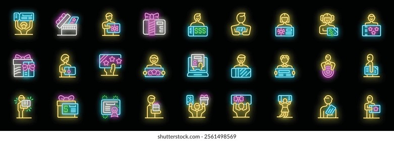 Neon glowing icons representing various aspects of a customer loyalty program, including gift cards, rewards, coupons, and satisfied customers