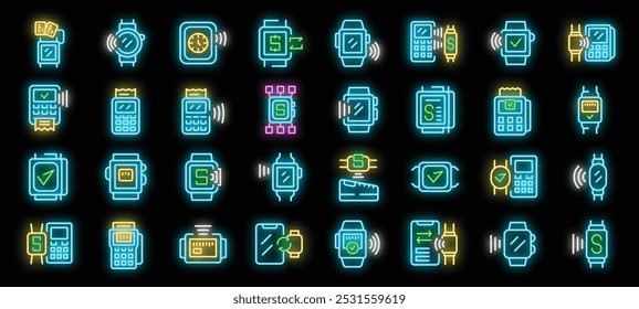 Neonglühende Symbole intelligenter Uhren, die kontaktlose nfc-Zahlungen an Pos-Terminals vornehmen und verschiedene Zahlungsmethoden zeigen