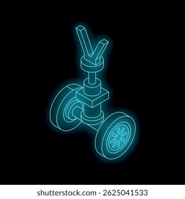 Neon glowing illustration of a mechanical part with wheels, isolated on a black background