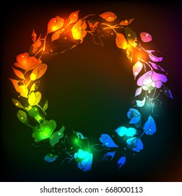 Neon glowing illustration of a wreath with foliage and flowers. Vector wedding card, background, invitation card, card