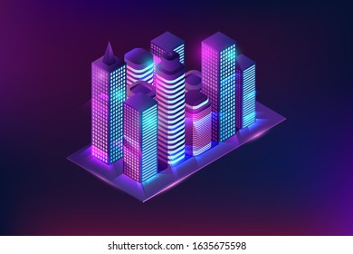Neon glowing isometric city. Perspective buildings with violet and blue glow, modern skyscrapers isometric illustration.