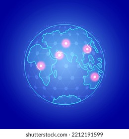 Neon resplandeciente globo isométrico sobre un fondo azul con puntos rojos. Tierra. Ilustración del vector