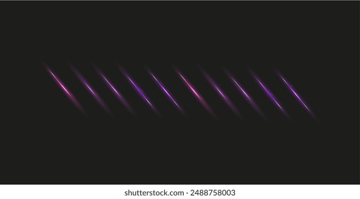 Neon glowing laser beam border, neon sticks with light glow effect. Pink  and purple luminous lines, retro wave divider. Isolated on dark transparent background. Vector illustration eps, png overlay