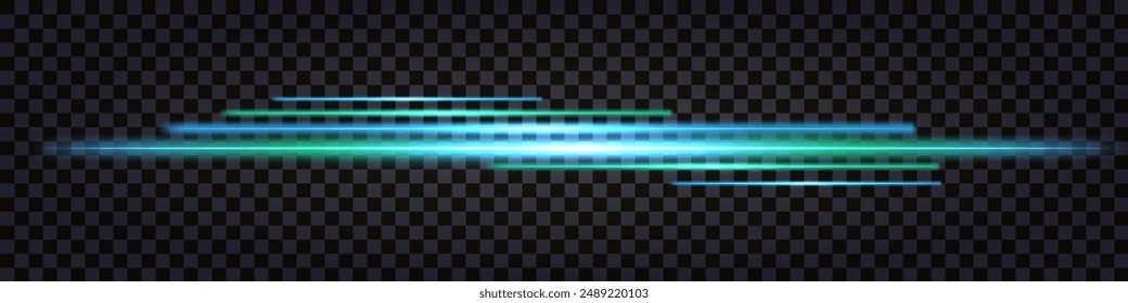 Neon glowing laser beam, light glow effect. Teal and blue luminous lines, neon sticks, border ior divider. Isolated on dark transparent background. Vector illustration