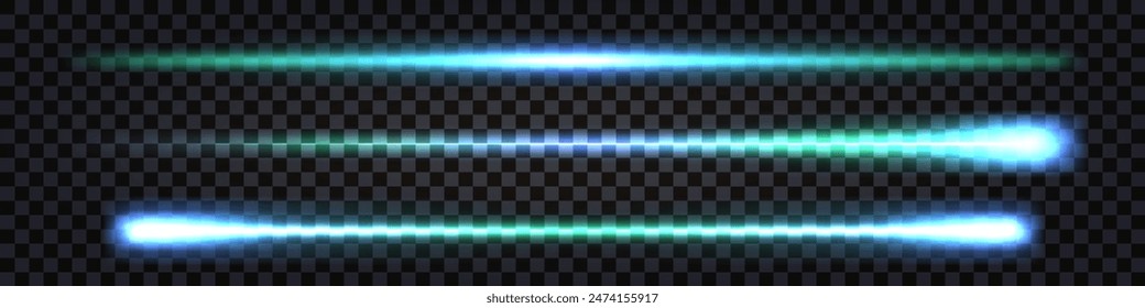 Neon glowing laser beams, neon sticks with blue and teal light effect.  Ray lines with flash burst and lightning thunder bolt effect. Vector isolated transparent