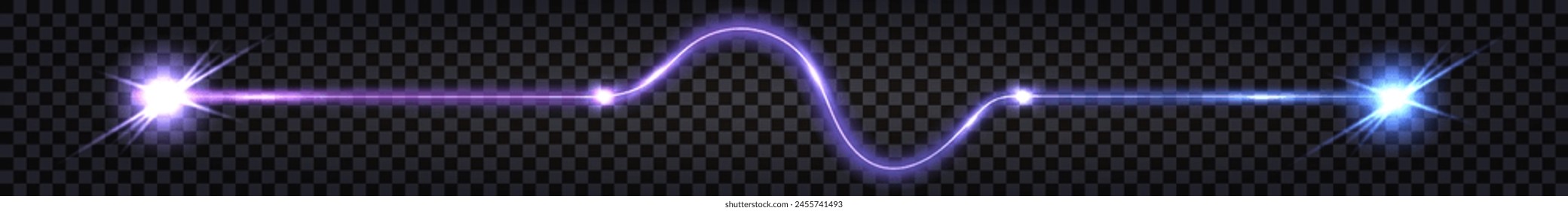 Neon glowing laser beams, thunder bolt electric connection, purple and blue light effect, strike burst flash, electric dynamic impulse lines. Vector isolated transparent desig