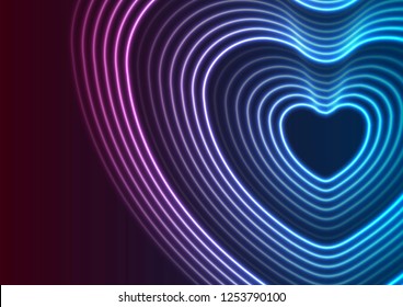 Neon glowing laser heart shape abstract background. St Valentines Day vector greeting card