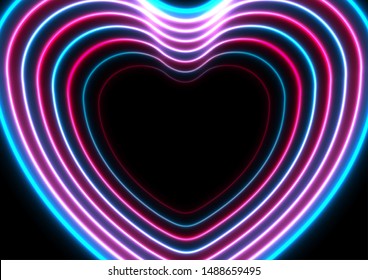 Neon glowing laser heart shapes blue purple abstract background. Valentines Day vector greeting card design