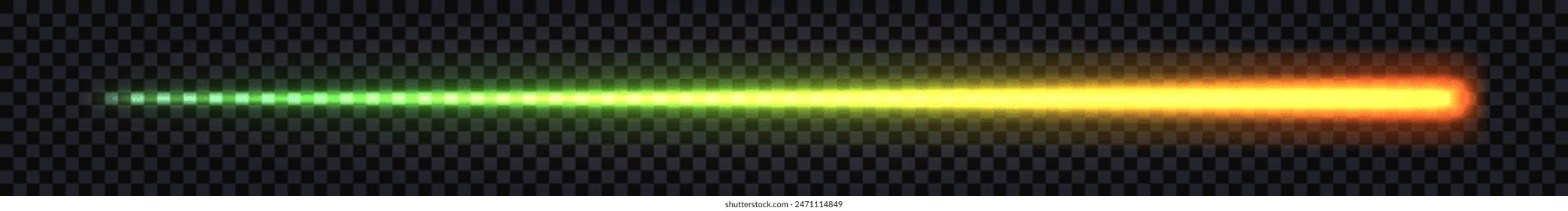 Láser de neón brillante palo, haz de efecto de luz brillante, línea dinámica luminosa verde a degradado naranja. Elemento de diseño cibernético futurista. Vector transparente aislado