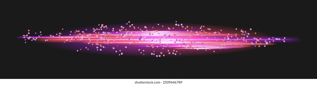 Neon glowing laser sticks with shiny sequins, dynamic speed lines, luminous beams with thunder bolt. Isolated vector border or divider on dark background