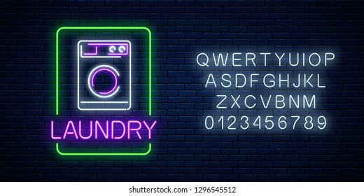 Neon glowing laundry signboard with alphabet on dark brick wall background. Illuminated self-service washhouse sign working round-the-clock. Vector illustration.