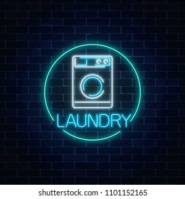 Neon glowing laundry signboard in circle frame on dark brick wall background. Illuminated self-service washhouse sign working round-the-clock. Vector illustration.