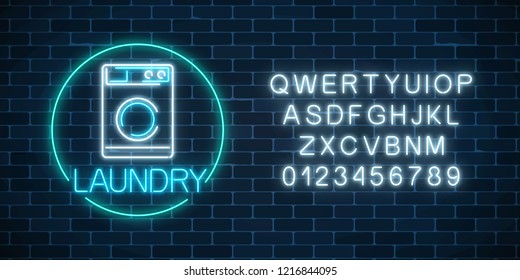 Neon glowing laundry signboard in circle frame with alphabet. Illuminated self-service washhouse sign working round-the-clock. Vector illustration.