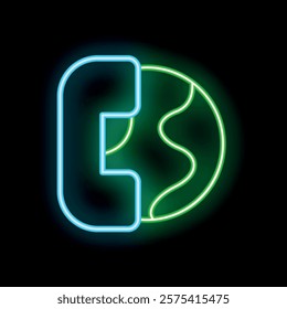 Neon glowing letter e merging with planet earth suggesting eco friendly technologies