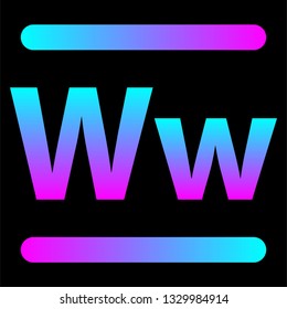 Neon glowing letter W with a gradient glow. Nightlife advertising. The alphabet in the style of neon. Uppercase and lowercase letters Ww for posters or placard.