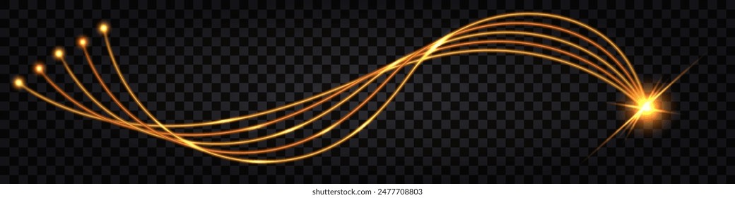 Neon glowing lfiber optic lines, swirl waves with thunder bolt flash. Light glow effect, cyber data communication cables, futuristic hi tech. Isolated on transparent background, vector illustration