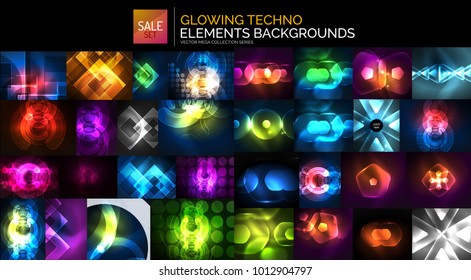 Neon glowing light abstract backgrounds collection, mega set of energy concept backgrounds