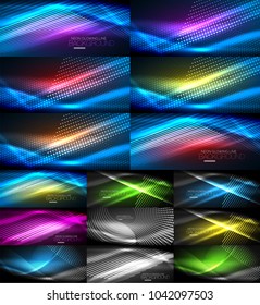Neon glowing light abstract backgrounds collection, mega set of energy magic concept backgrounds. Vector illustration