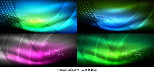 Neon glowing light abstract backgrounds collection, mega set of energy magic concept backgrounds. Vector illustration