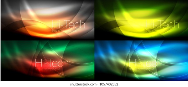 Neon glowing light abstract backgrounds collection, mega set of energy magic concept backgrounds. Vector illustration