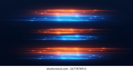Neonleuchtende Lichtstrahlen, horizontaler Blitzeffekt.